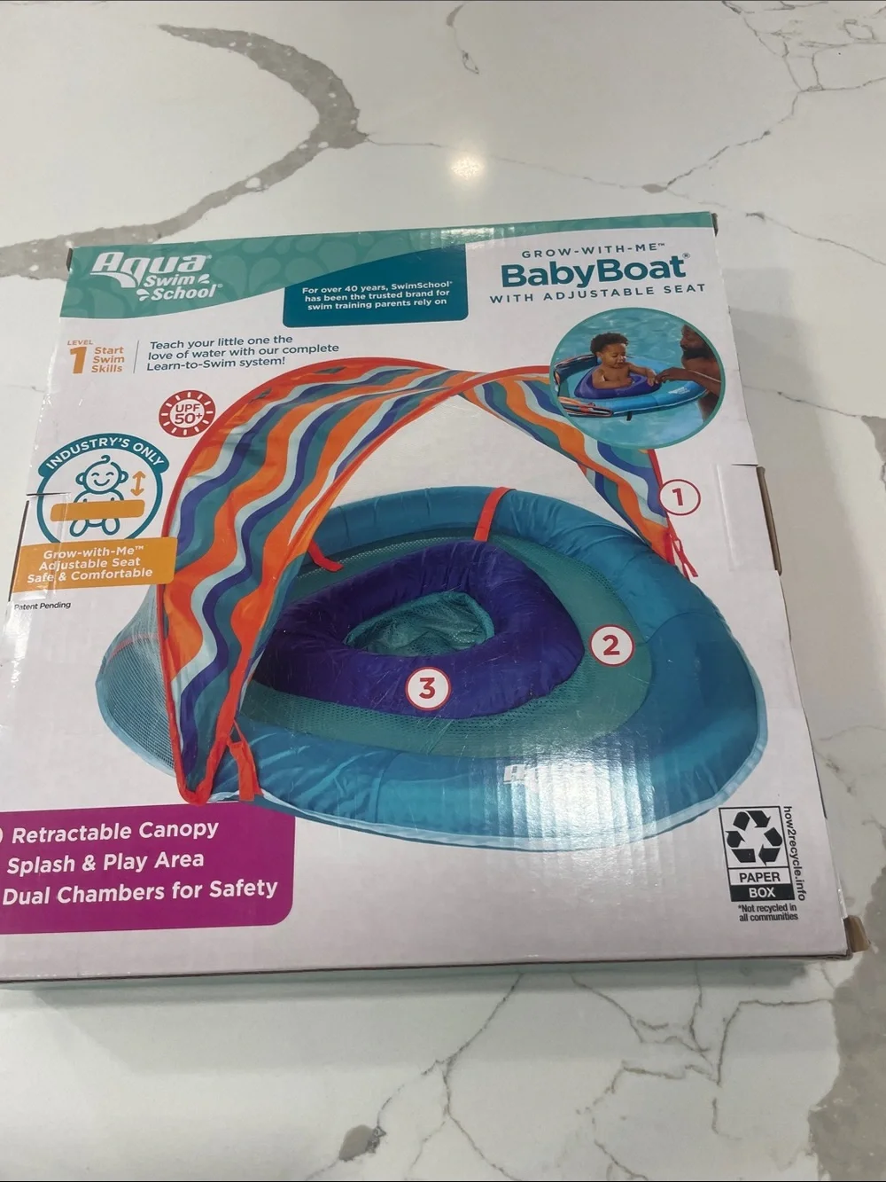 SwimSchool Kids Teal & Blue Inflatable Baby Float with Sun Canopy